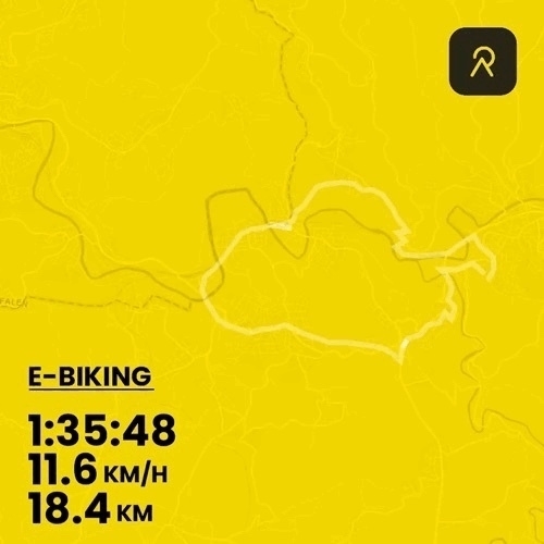 Animation of the bike path going in a wide circle on an abstract topographic yellow background. Text reads e-biking 1:35:48; 11.6km/h; 18.4km