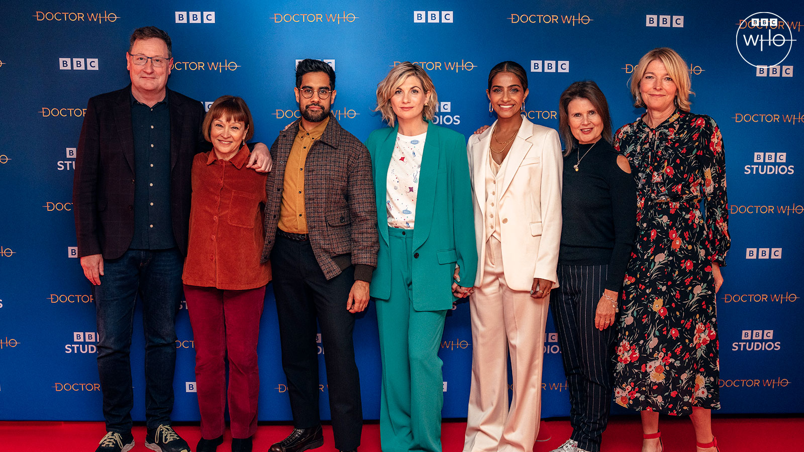 Chris Chibnall, Janet Fielding, Sacha Dhawan, Jodie Whittaker, Mandip Gill, Sophie Aldred and Jemma Redgrave at the premiere of 'The Power of the Doctor'